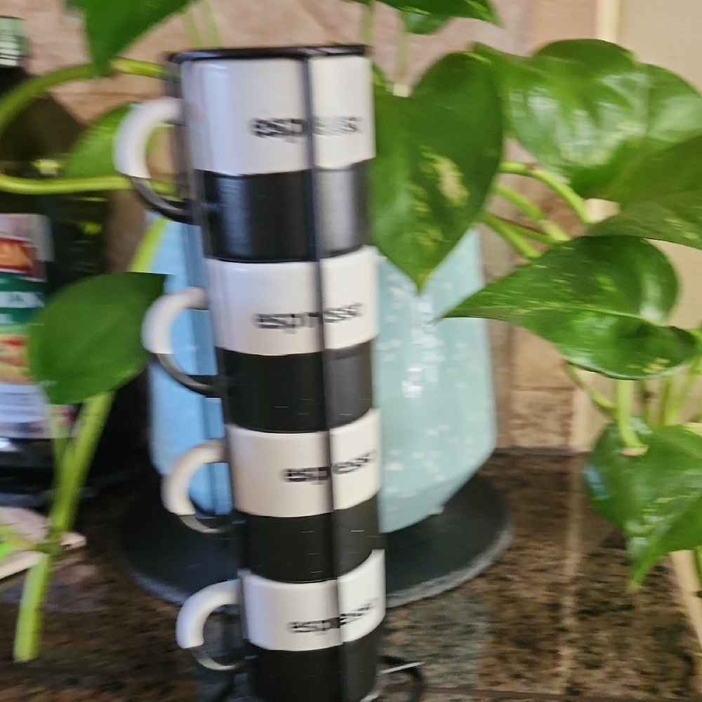 Set of four stackable ceramic espresso cups held in a black metal tower rack-NEW - Picture 3 of 5